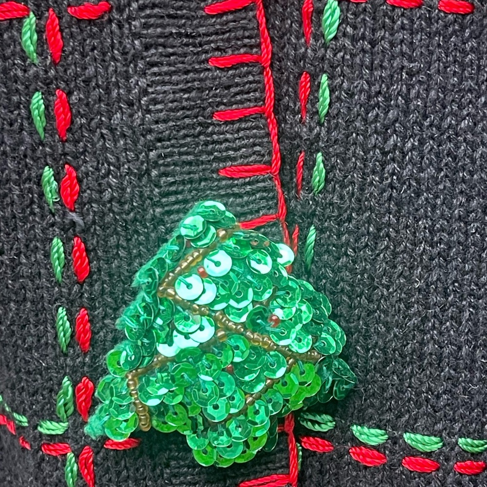 Vintage Christmas Sweater Black Cardigan with Holiday Accents - Size L - Picture 9 of 12